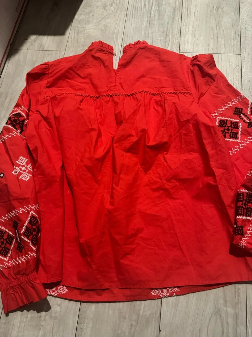 Zara Red Embroidered Long Sleeve Blouse